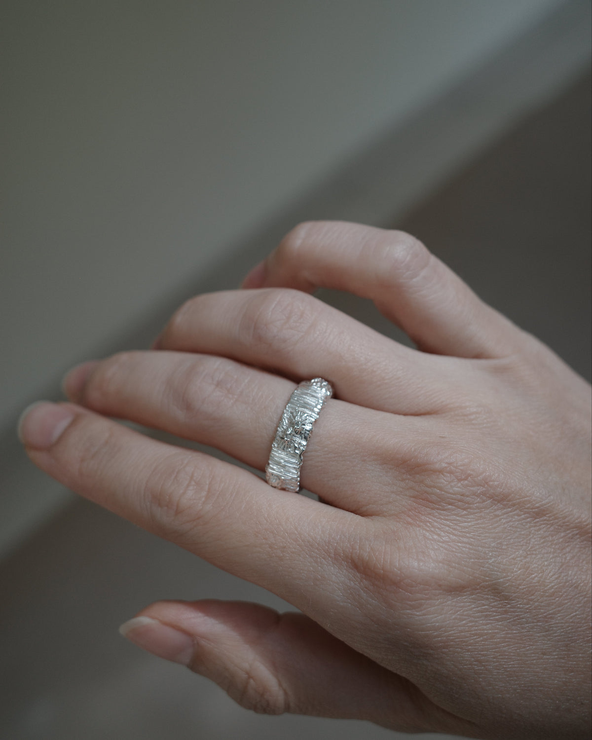 A close-up of a hand wearing a textured silver band ring with small clear stones, set against a soft, out-of-focus neutral background.